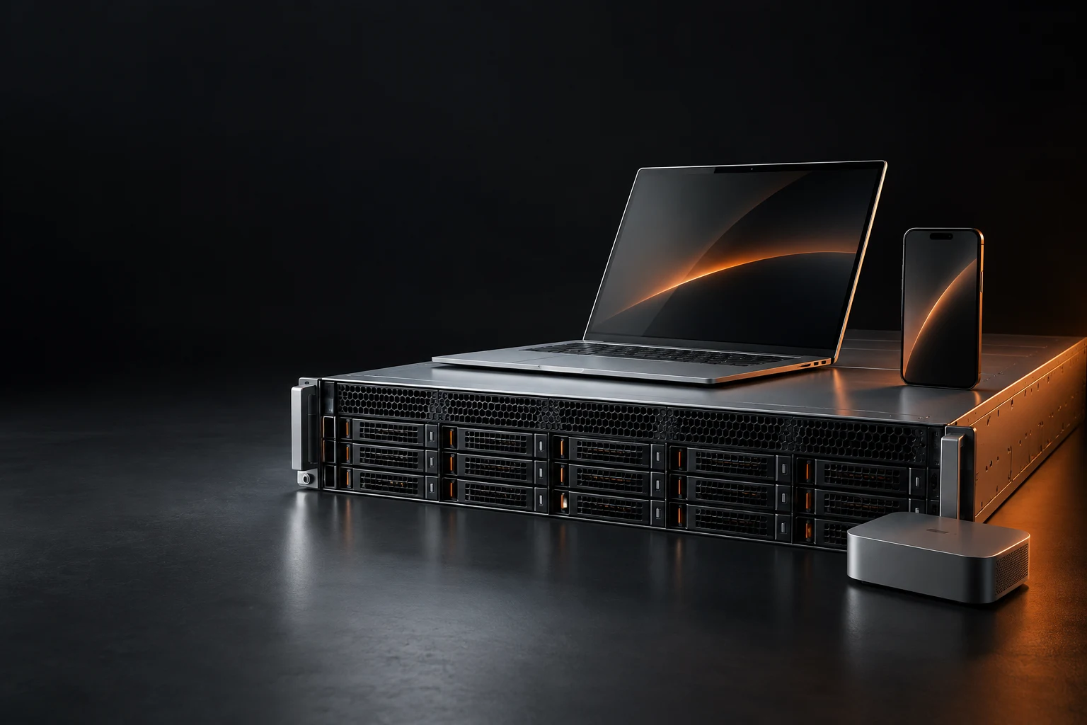 Illustrative composition of server hardware, a laptop and a smartphone